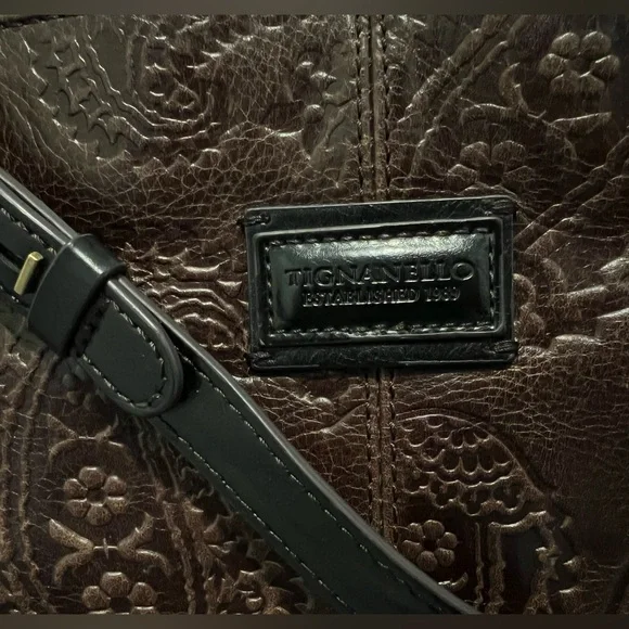 Vintage Paisley Tignanello Brown and Black Embossed Leather Shoulder Bag - Picture 4 of 6